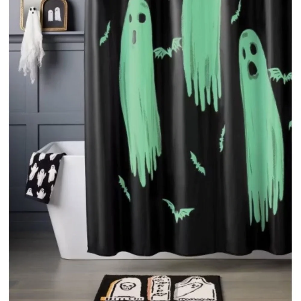 Halloween Glow-in-the-Dark Ghost Bats Shower Curtain NEW